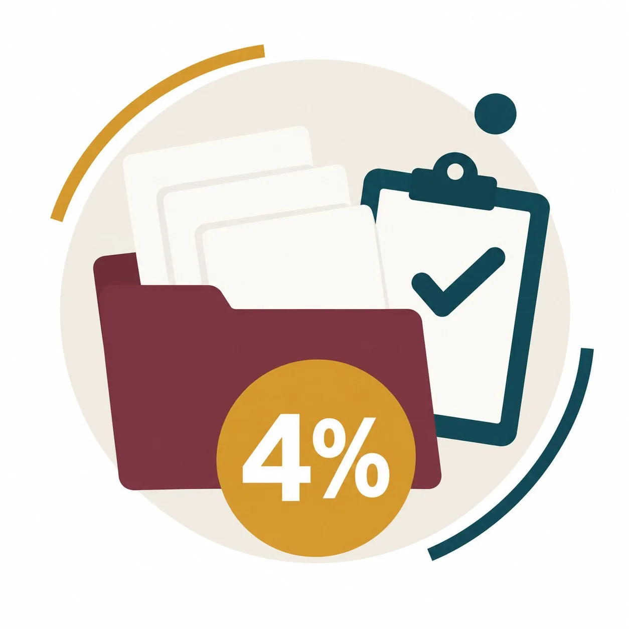 Illustration: a folder of documents, a ticked form and a 4% badge