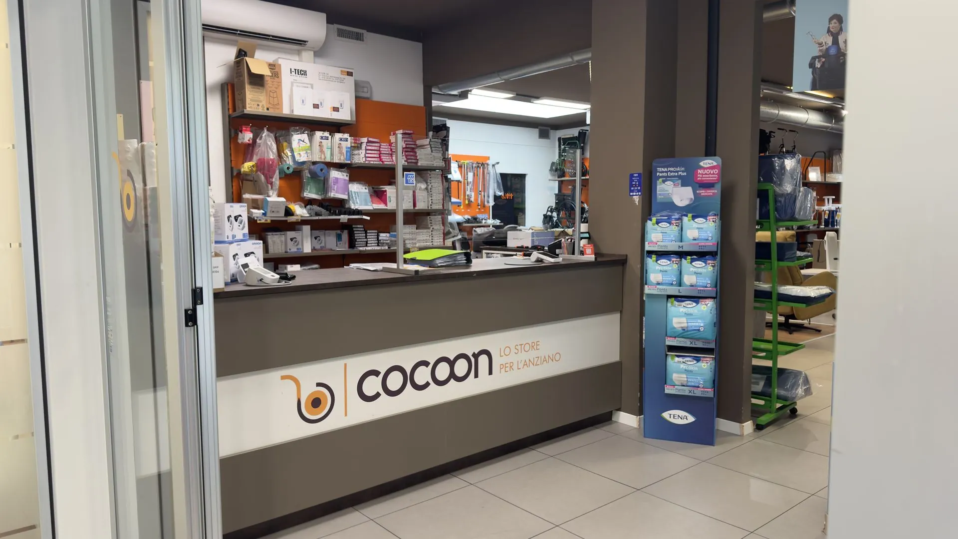 The counter of the Cocoon mobility aids shop on Via Crispi, Varese