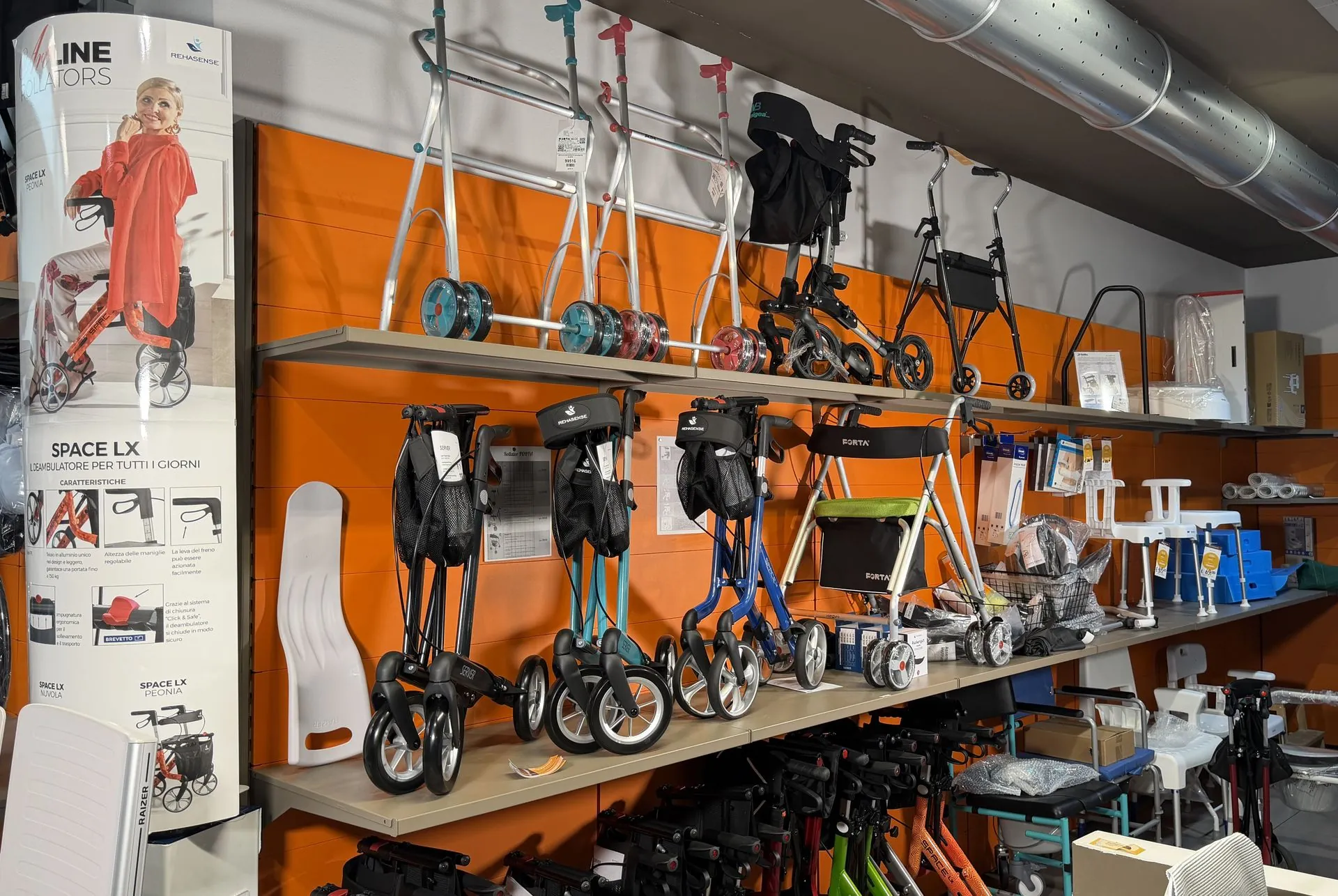 Rollators and walking frames on display in the Cocoon shop