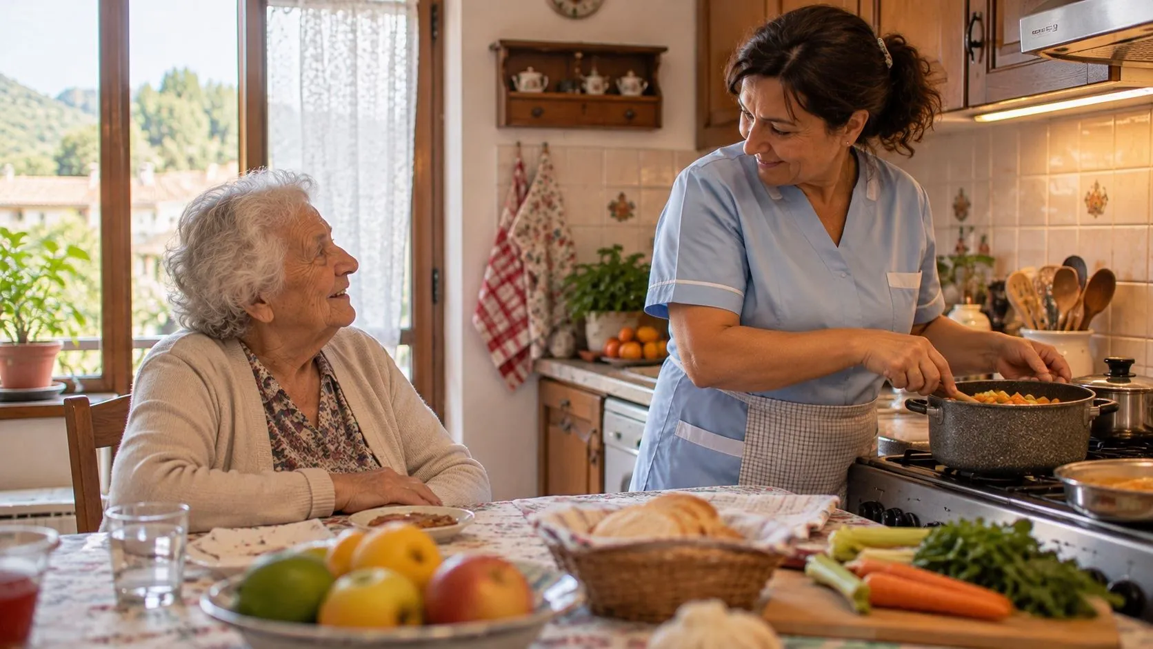 La badante cucina mentre la signora anziana, seduta al tavolo, chiacchiera con lei