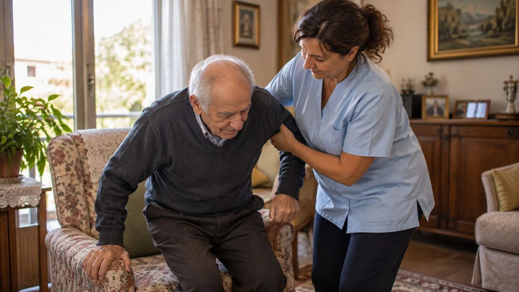 A care worker helping an older man get up from his armchair at home