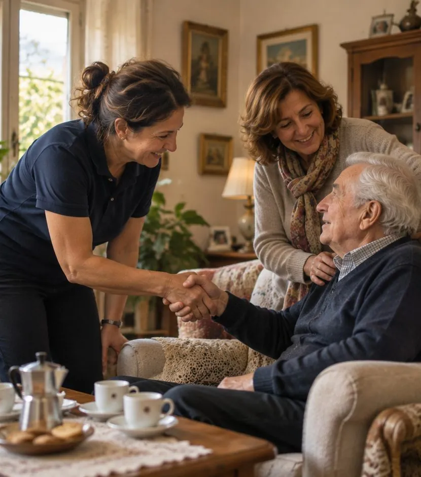The care worker shakes hands with an older man at home, next to his daughter