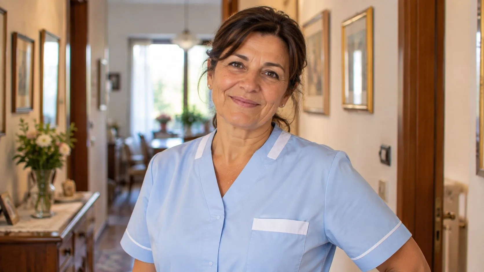 Portrait of a smiling care worker in a light blue uniform, in the hallway of a home
