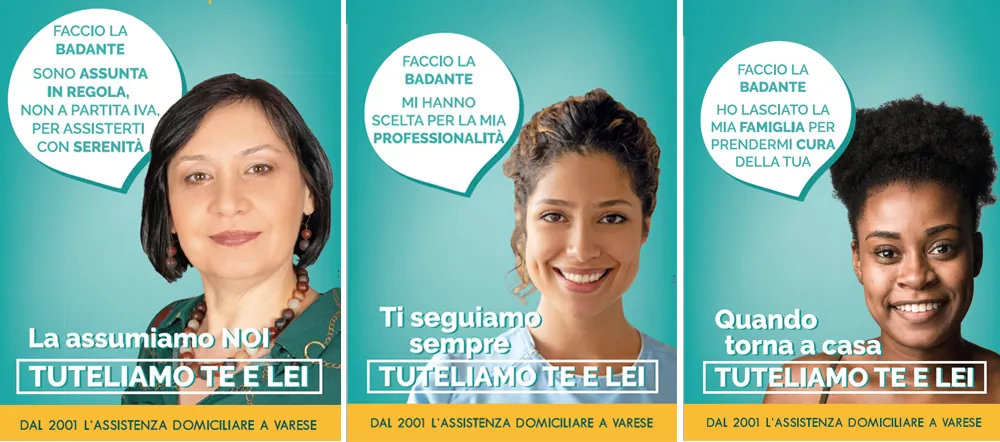 Tre badanti sorridenti nei manifesti Cocoon «Tuteliamo te e lei»