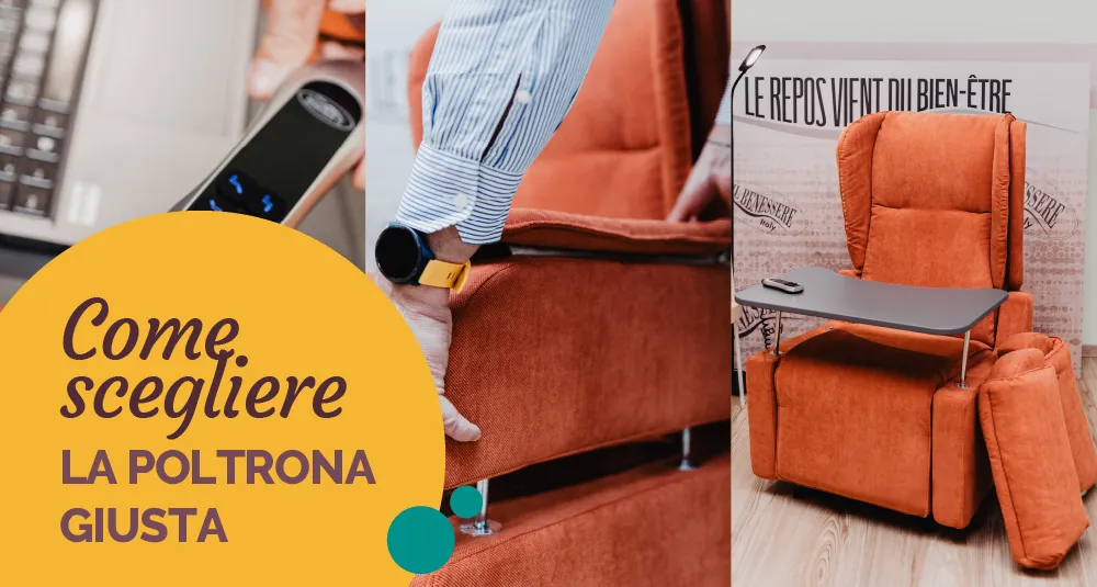 Dettagli di una poltrona relax lift arancione e del suo telecomando, con la scritta «Come scegliere la poltrona giusta»