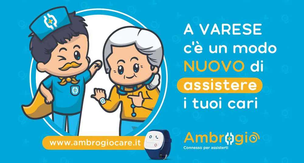 Illustrazione di Ambrogio con una signora anziana, con la scritta «A Varese c’è un modo nuovo di assistere i tuoi cari»
