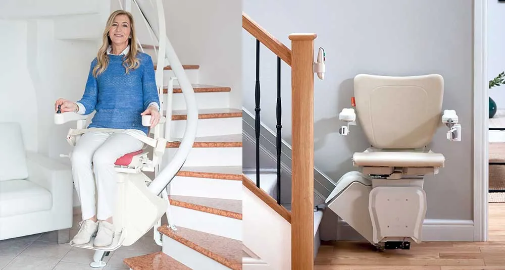 Signora seduta su un montascale a poltroncina lungo la scala di casa