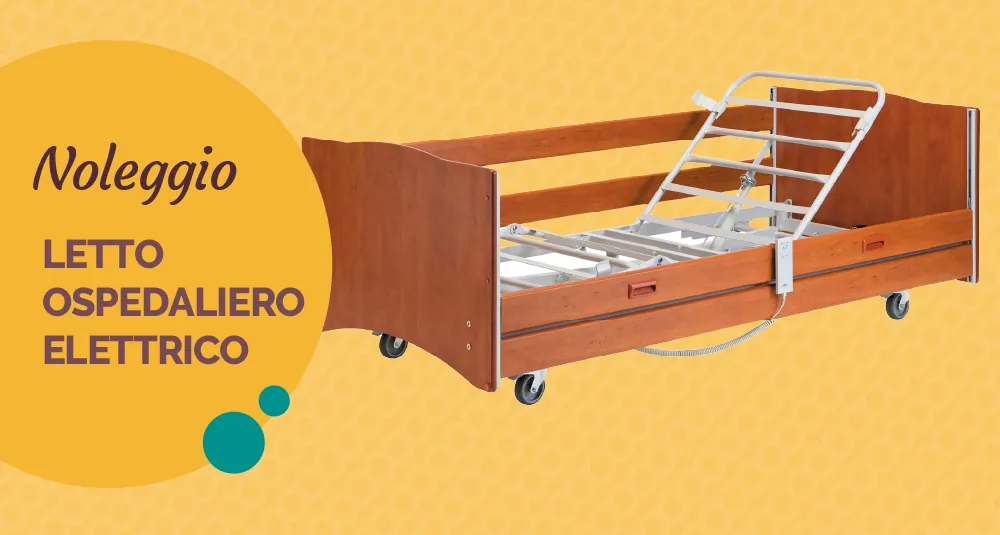 Letto ospedaliero elettrico con sponde in legno, con la scritta «Noleggio letto ospedaliero elettrico»