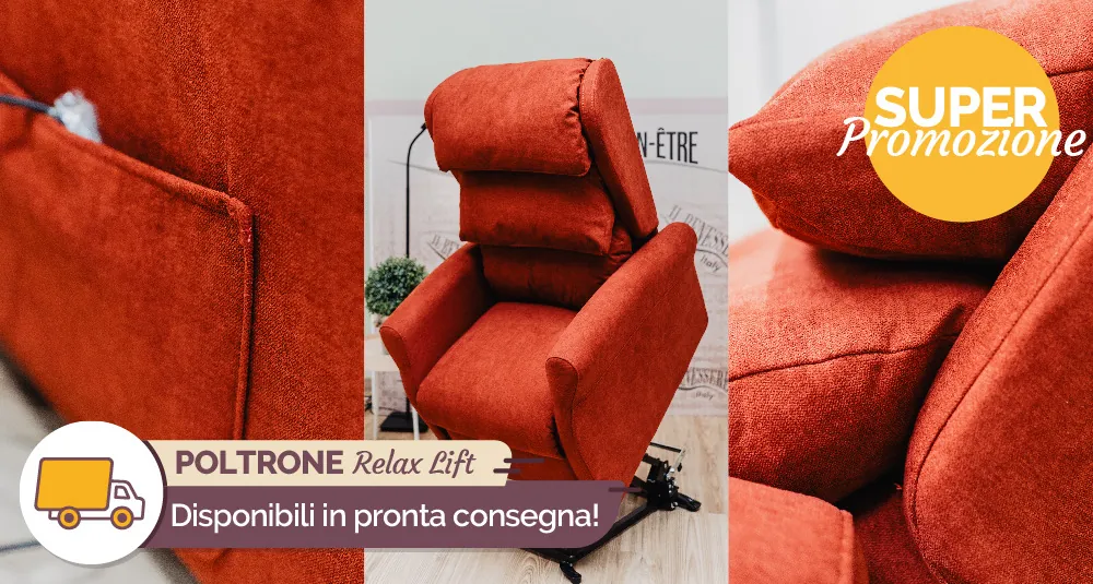 Poltrona relax lift rossa e due dettagli del tessuto, con la scritta «Poltrone Relax Lift disponibili in pronta consegna»