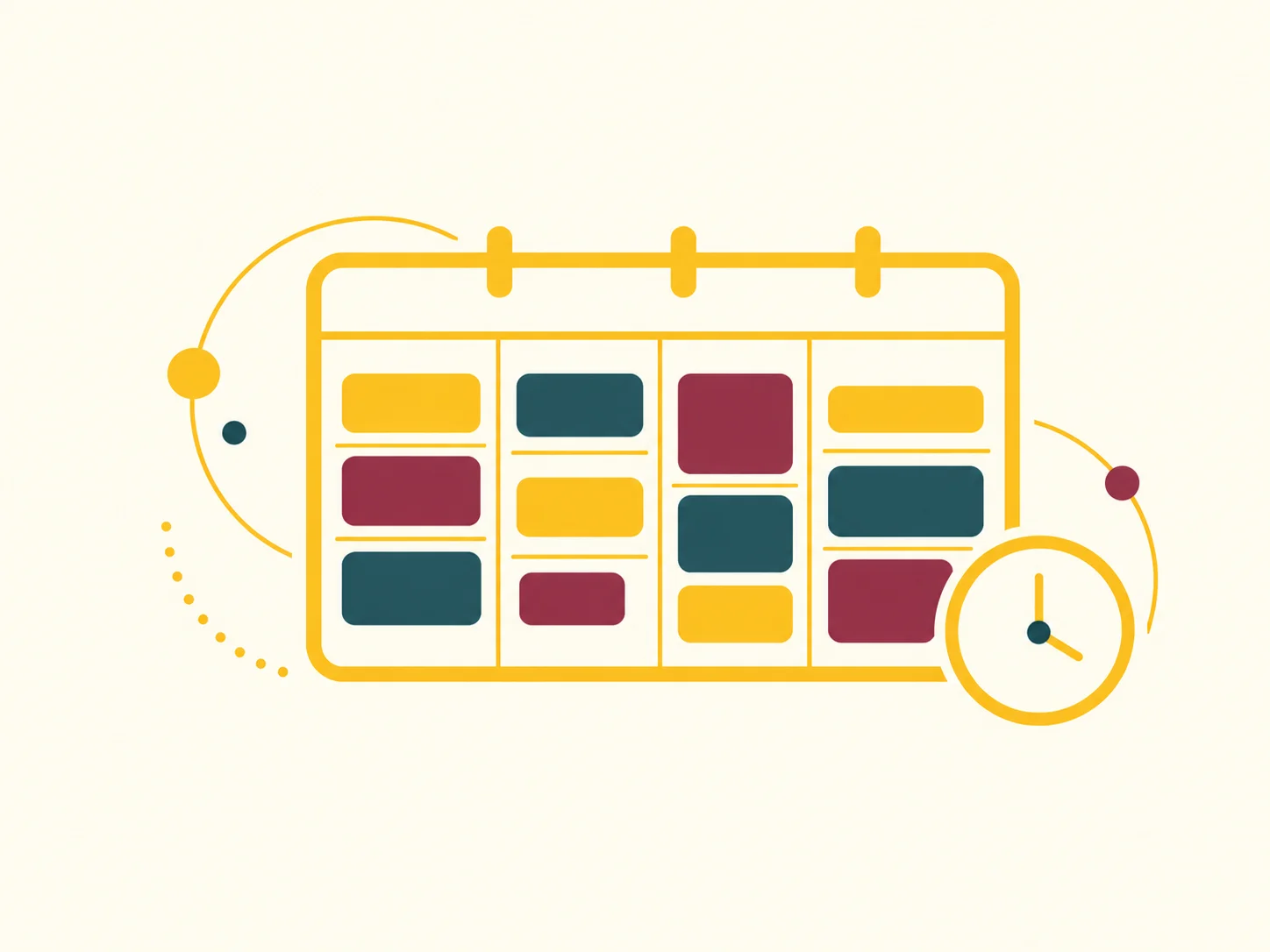 Illustration: a weekly calendar with colour-coded classes and a clock