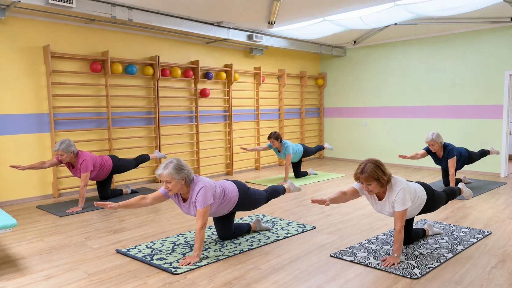 Students on all fours on their mats, opposite arm and leg stretched out, in the gym studio