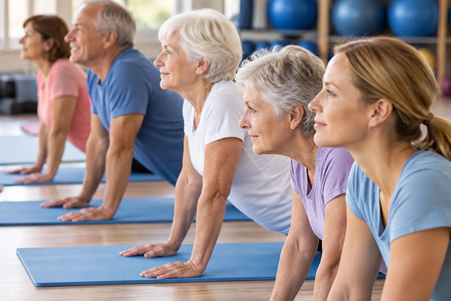 Pilates matwork students in a row on their mats, chest lifted on their arms