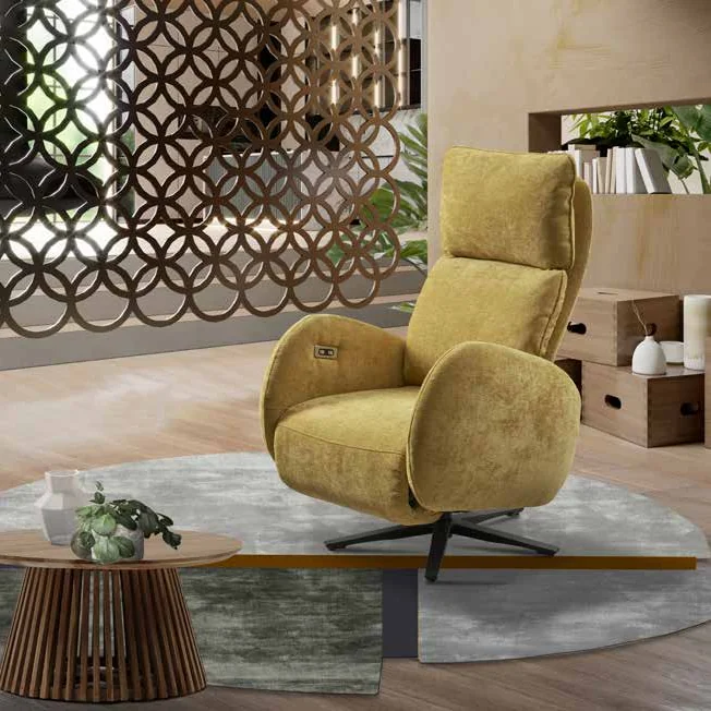 Poltrona alzapersone Ketty in tessuto giallo con base girevole nera